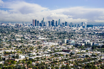 Aerial Panorama cityscape  of Los Angeles California and surrounding Cities with downtown Skyscrapers and urban residential homes