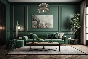 cozy living room with vibrant green walls and a captivating large painting as the focal point. Generative AI