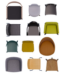 chair and bench sitting isolated on white top view