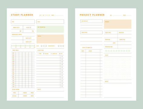 Project Planner and study planner. Minimalist planner template set. Vector illustration.