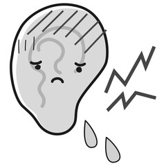 困った表情の耳のキャラクター（中耳炎）(白黒)