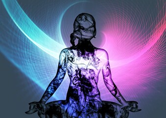 宗教の概念で瞑想する女性のシルエットに光の効果を合成した3dイラスト