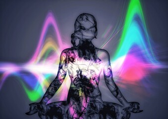 Fototapeta premium 宗教の概念で瞑想する女性のシルエットに光の効果を合成した3dイラスト