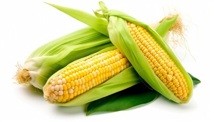 Fresh corn fruits with green leaves isolated on white background. Generative ai