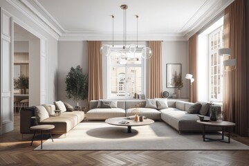 Naklejka na ściany i meble cozy and well-furnished living room with a large window. Generative AI