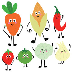 adorable cute vegetables character gesture. Funny vegetables go hand in hand after each other. Vector vegetable isolates in a cartoon style. Vitamins