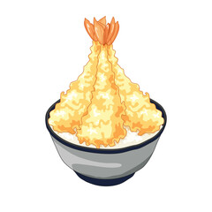 Shrimp tempura rice bowl menu, Japanese cuisine, Asian fried menu, shrimp on rice, Authentic tempura anime food illustration on white background. Traditional food, homemade meal,Closeup vector    
