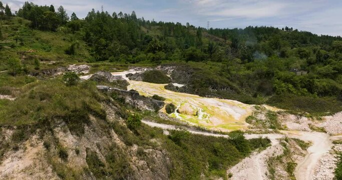 Aerial view of volcanic geothermal activity and hot springs. Sipoholon, Sumatra, Indonesia.