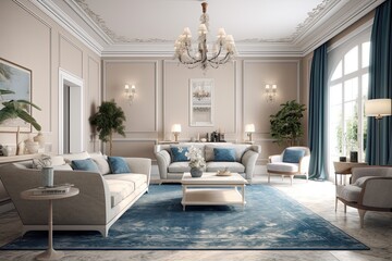 Fototapeta premium cozy living room with elegant furniture and a sparkling chandelier. Generative AI