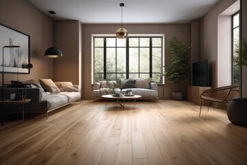 cozy living room with natural light streaming in through a large window. Generative AI