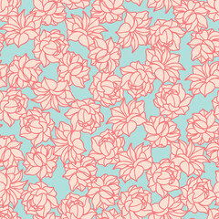 Fototapeta na wymiar Pastel Pink Flowers on Blue Seamless Vector Repeat Pattern