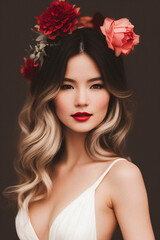 Naklejka premium A woman with red lips and flowers in her hair Generative AI