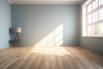 Minimalist interior with an empty blue wall and natural light casting shadows on a wooden floor, Generative AI