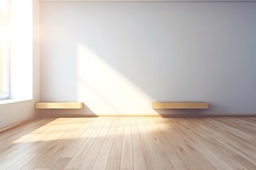 Fototapeta na wymiar Blank white wall mockup in a sunlit room with wooden flooring and cast shadows, Generative AI