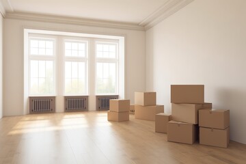 An empty room with boxes and a window, perfect for showcasing moving or relocation concepts mockup, Generative AI