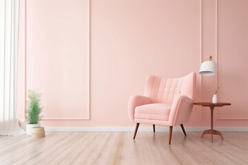 Pink wall empty room with armchair on wooden parquet floor mockup, Generative AI