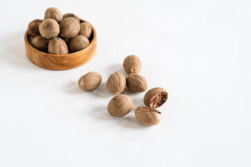 nutmeg isolated white, selective focus
