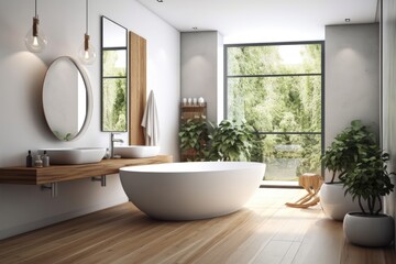 modern bathroom featuring a spacious white bathtub and natural light from a window. Generative AI
