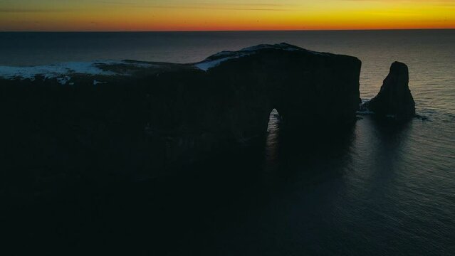 Drone view at sunrise of famous perce rock in Perc&eacute;, Qu&eacute;bec, Canada