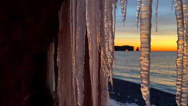 Drone view at sunrise of famous perce rock in Perc&eacute;, Qu&eacute;bec, Canada