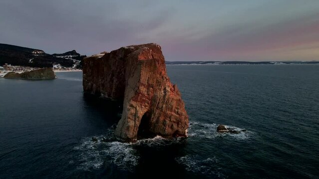 Drone view at sunrise of famous perce rock in Perc&eacute;, Qu&eacute;bec, Canada