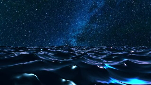 Starry night sky over ocean waves, 3D animation. Low-angle water surface point of view