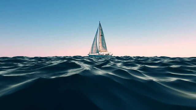 3D animation of sailboat sailing over ocean water waves at sunset. Low-angle water surface point of view