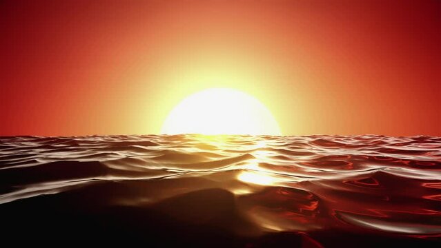 Beautiful animation of sunset over ocean with glowing sun setting on horizon. Low-angle water surface point of view