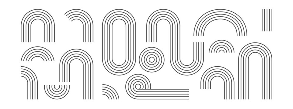 Fototapeta Collection of black outline rainbows vector boho style in different shapes. Set of Rainbow line stripes on white background.