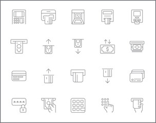 Simple Set of atm Related Vector Line Icons. Vector collection of money, credit card, banking, loan, finance, credit, deposit, income, payment and design elements symbols or logo element.