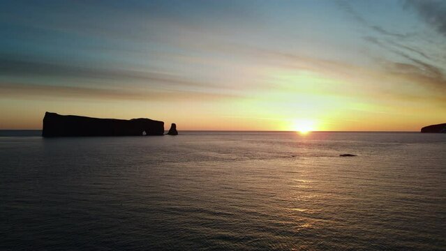 Drone view at sunrise of famous perce rock in Perc&eacute;, Qu&eacute;bec, Canada
