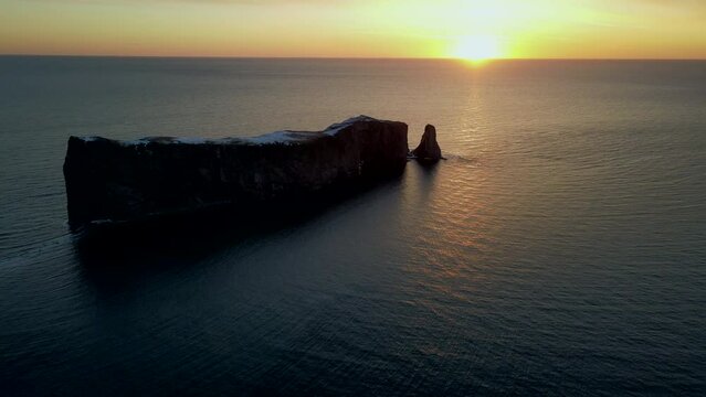 Drone view at sunrise of famous perce rock in Perc&eacute;, Qu&eacute;bec, Canada