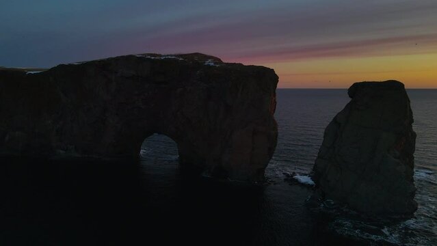 Drone view at sunrise of famous perce rock in Perc&eacute;, Qu&eacute;bec, Canada