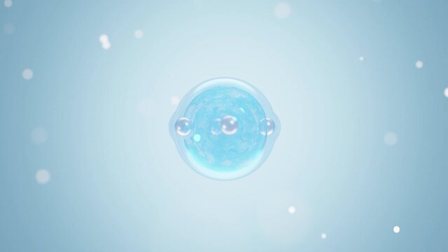 3D rendering, large bubble of essence were formed when transparent blue liquid bubbles combined over light blue background. Imitation of the view through a microscope