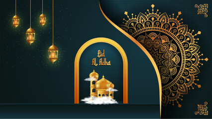 Islamic greetings Ramadan Kareem card design background with lanterns and crescent moon © Polas