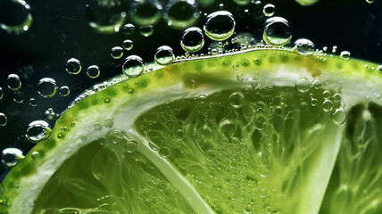 Macro detailed of Slice of a lime in a bubble water, wallpaper background.