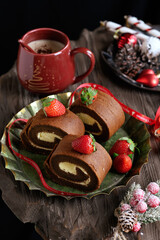 chocolate roll cake in christmas concept
