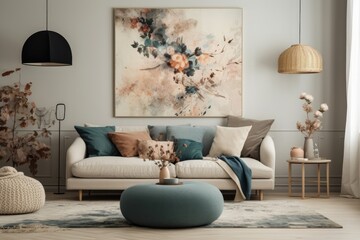 cozy living room with colorful furniture and a vibrant painting on the wall. Generative AI