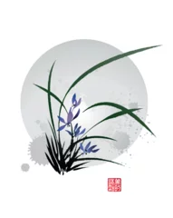 Orchid flowers and square Chinese seal. Vector illustration in traditional oriental style. Text - "Perception of Beauty". © shark192009