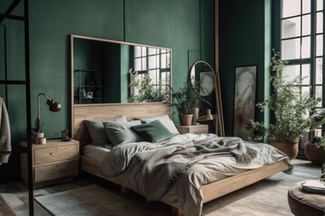 cozy bedroom with green walls and a comfortable bed. Generative AI