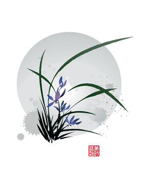 Orchid flowers and square Chinese seal. Vector illustration in traditional oriental style. Text - "Perception of Beauty".