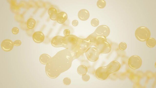 Many yellow bubbles of essence merging into a large essential oil bubble with ginseng inside. Abstract digital rotating dna strand molecule behind.