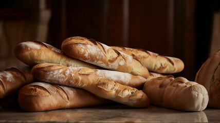 Food photography,  Bakery on the table. French baguette.