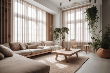 cozy living room with plants, a coffee table, and a comfortable couch. Generative AI