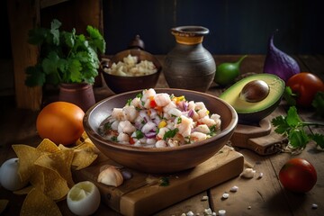 Fototapeta na wymiar Close up Delicious CEVICHE SEBICHE. Peruvian seafood and fish in a bowl, with beautiful kitchen background, and generative AI tools.