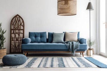 modern living room with a blue sofa and geometric rug. Generative AI