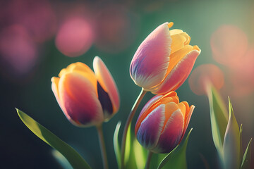 Beautiful and colorful Tulip Flowers Fresh spring bouquet blurred bokeh background	