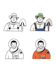 Line drawn people vector - farmer, astronaut concept illustration