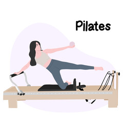 Woman doing exercises on a Pilates reformer machine - Pilates concept illustration