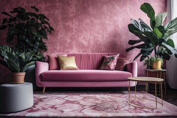 cozy living room with a pink couch and green potted plants. Generative AI